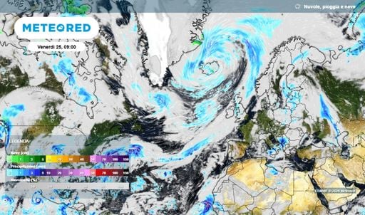 Oggi un super-fronte di 12.000 km unisce USA, Azzorre, Isole Britanniche, Artico: termina in un "ricciolo" islandese