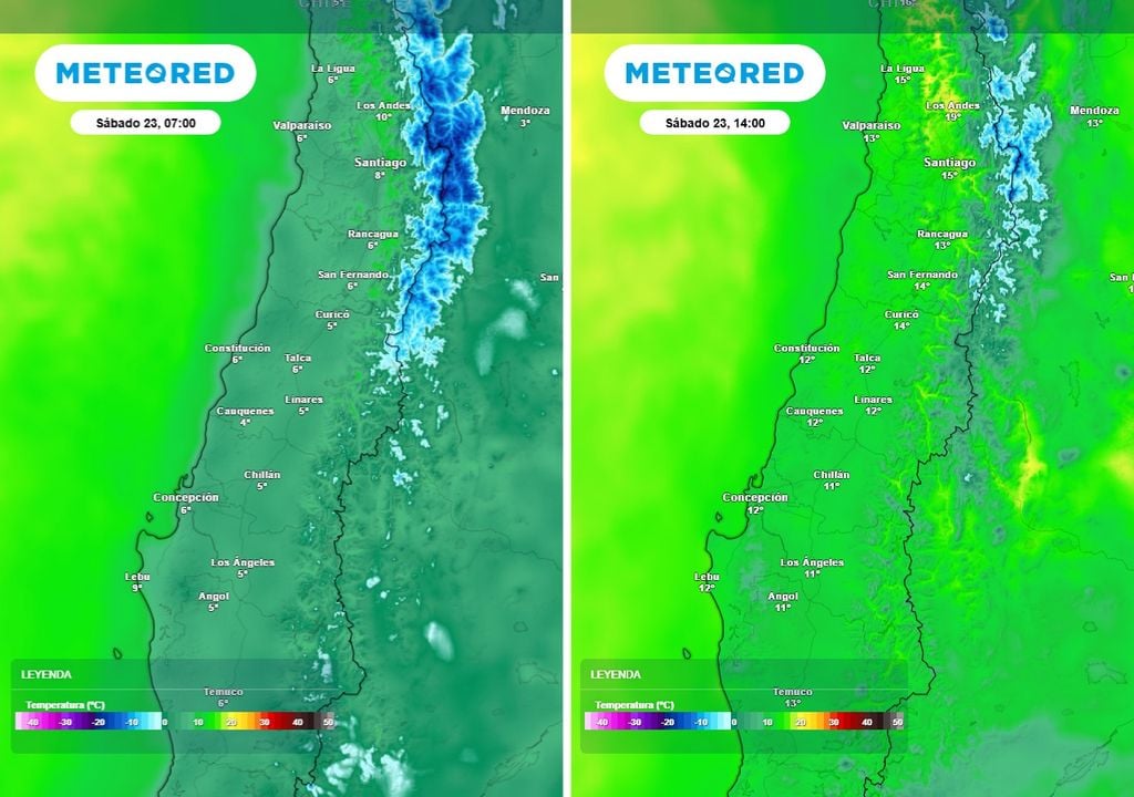 El sábado se sentirá como la jornada más fresca, las minimas rondarán los 5 °C, y las máximas apenas alcanzarán los 15 °C en gran parte de la zona central.
