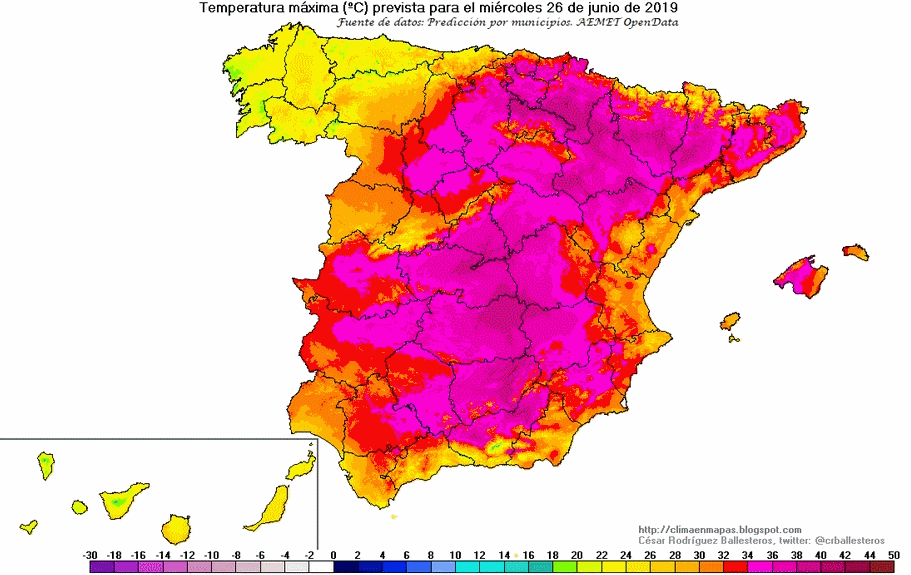 Temperaturas máximas previstas para el periodo 26-29 de junio de 2019, a fecha de 23 de junio de 2019. César Rodríguez Ballesteros Temperaturas máximas previstas para el periodo 26-29 de junio de 2019, a fecha de 23 de junio de 2019. César Rodríguez Ballesteros