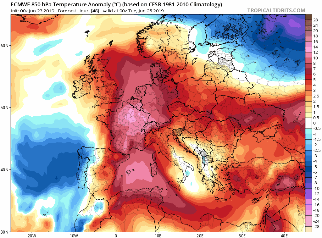 Anomalías de temperatura en 850 hPa según el modelo HRES ECMWF para el periodo 25-30 de junio de 2019. Tropicaltidbits
