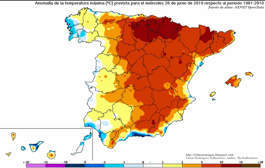 Anomalías de temperaturas previstas para el periodo 26-29 de junio de 2019, a fecha de 23 de junio de 2019. César Rodríguez Ballesteros Anomalías de temperaturas previstas para el periodo 26-29 de junio de 2019, a fecha de 23 de junio de 2019. César Rodríguez Ballesteros