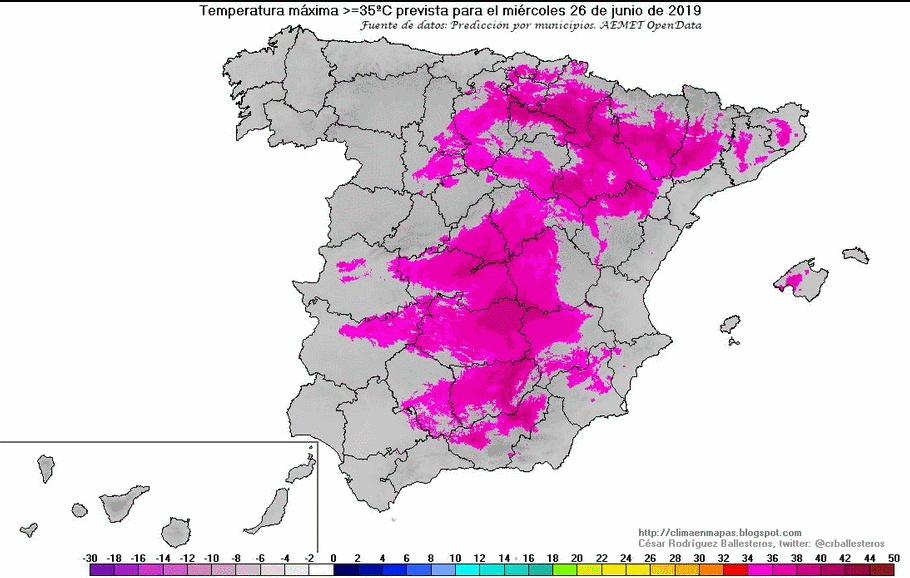 Zonas donde se van a superar los 35ºC previstas para el periodo 26-29 de junio de 2019, a fecha de 23 de junio de 2019. César Rodríguez Ballesteros Zonas donde se van a superar los 35ºC previstas para el periodo 26-29 de junio de 2019, a fecha de 23 de junio de 2019. César Rodríguez Ballesteros