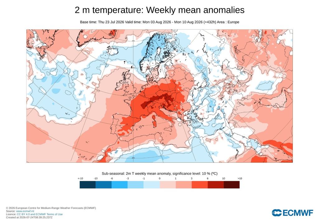Anomalías semanales de temperatura a 2 metros previstas por el modelo europeo en los diez primeros días de agosto.