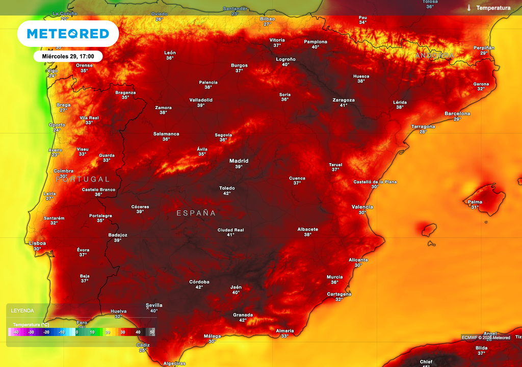 Temperaturas máximas previstas por el modelo europeo para el miércoles 29 de julio.