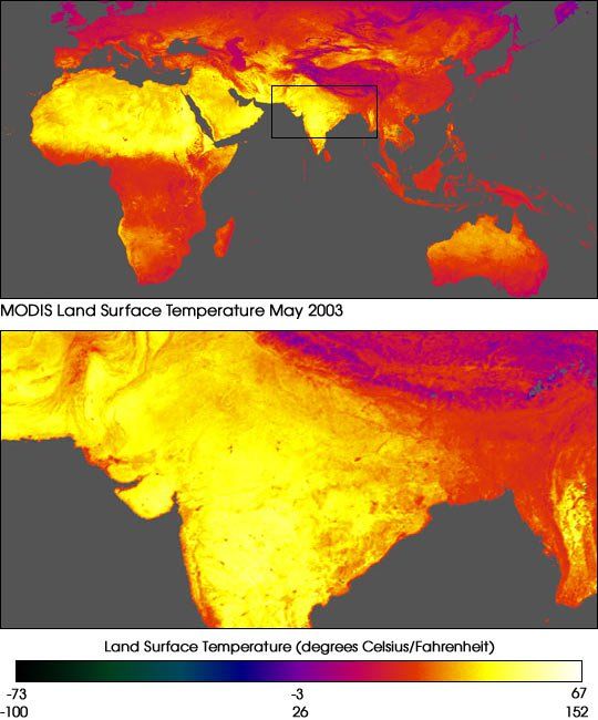 Imagen de la temperatura media estimada del mes de mayo del 2003 tomadas por el MODIS del satélite Aqua. Foto NASAMás de 1300 personas han muerto en la India por la intensa y persistente ola de calor que ha azotado al país a lo largo del mes de mayo del 2003. Una amplia área del sur del subcontinente experimentó subidas de temperaturas que alcanzaron los 50 ºC de media.El mapa superior muestra la temperatura media de la superficie terrestre estimada por el Moderate Resolution Imaging Spectroradiometer (MODIS) a borde del satélite Aqua entre el 1- 24 de mayo del 2003. Las temperaturas más frías, en negro, y las más cálidas en rojo, amarillo y blanco, según la escala adjunta.Las temperaturas altas persistieron durante varias semanas, como se puede observar en este mapa medio en las zonas central y sur con valores superiores a los 50 C.Las diferencias de los regímenes térmicos se aprecia en los diferentes colores que aparecen en la imagen adjunta superior.La ola de calor ha persistido tanto, en parte, porque las lluvias del monzón fueron muy tardías. Sobre el 6 de junio las lluvias llegaron, dando por finalizado el periodo de calor asfixiante. La India es un país donde las sequías y las inundaciones torrenciales son muy comunes, pasando de un régimen a otro en periodos muy cortos de tiempo.Los datos estimados de la temperatura terrestre procesado por Jesse Allen y suministrados por Zhengming Wan (UCSB SCF).Más información en:http://earthobservatory.nasa.gov/Newsroom/NewImages/images.php3?img_id=15308