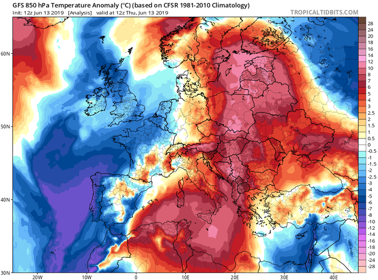 Anomalías de temperaturas en 850 hPa para el 13 de junio de 2019 a las 12 UTC. Tropicaltidbits Anomalías de temperaturas en 850 hPa para el 13 de junio de 2019 a las 12 UTC. Tropicaltidbits