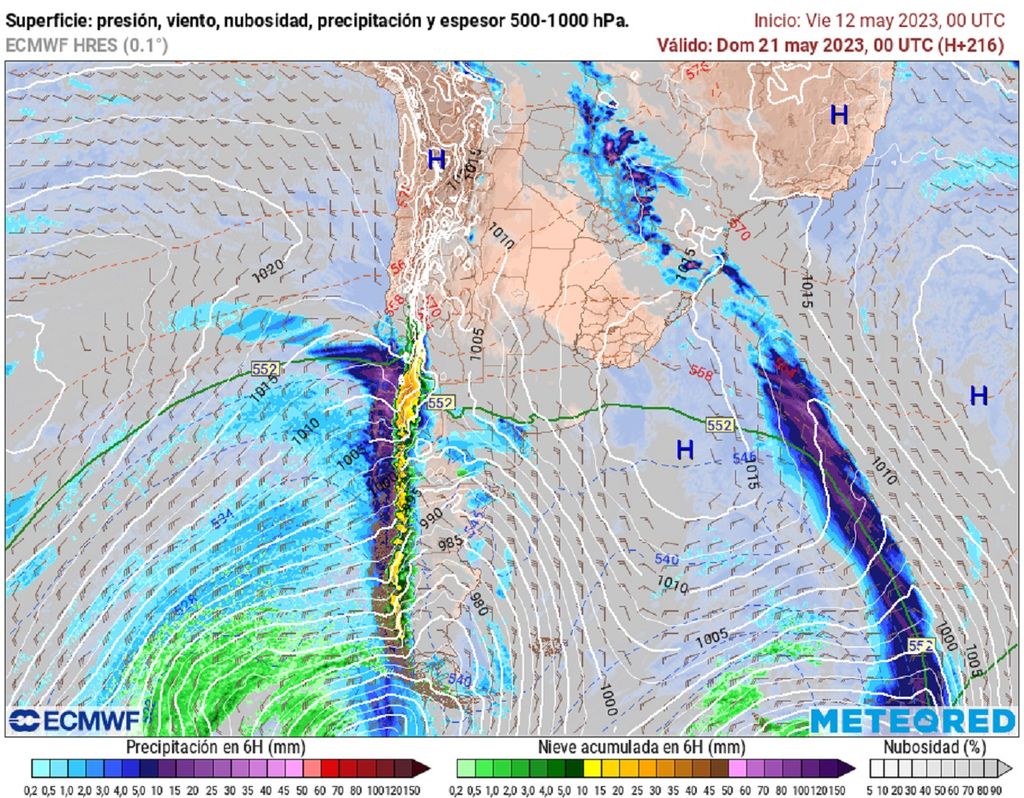 presión y precipitación previstas; modelo ECMWF presión y precipitación previstas; modelo ECMWF