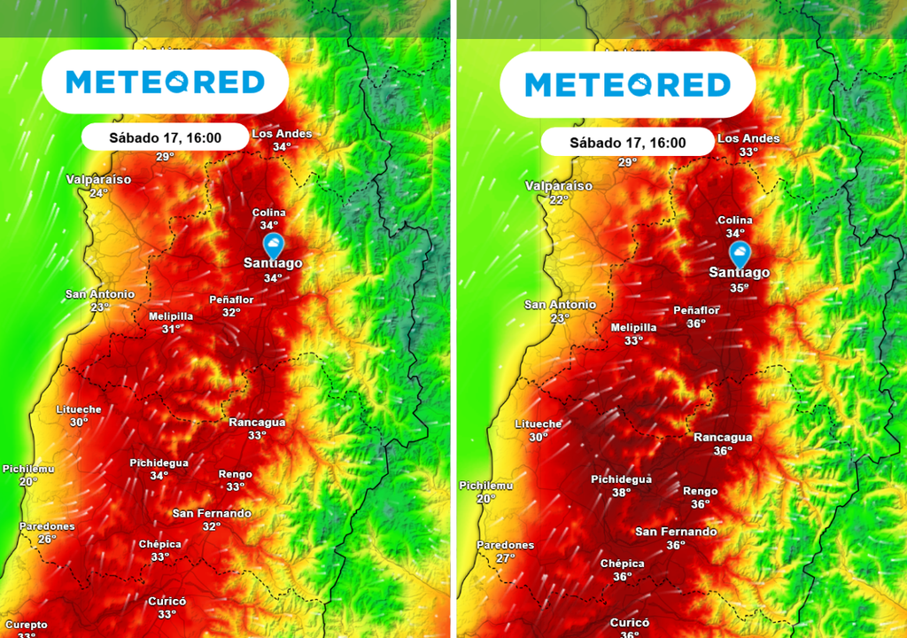 Modelo GFS (imagen derecha) prevé las temperaturas más elevadas en Santiago este sábado.
