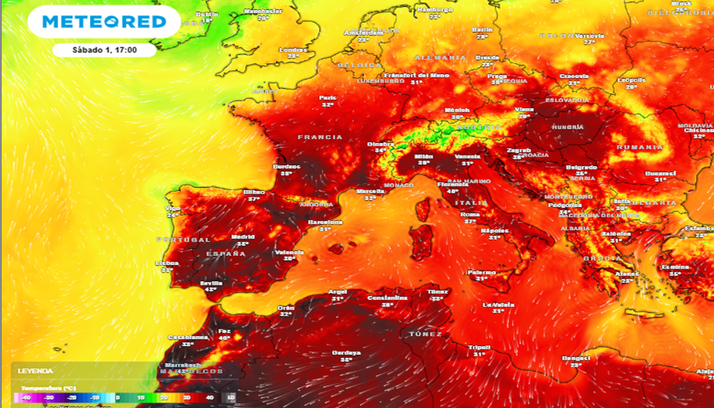 Altas temperaturas para gran parte de Europa previstas para el 1 de agosto de 2026 15 UTC. Tiempo.com