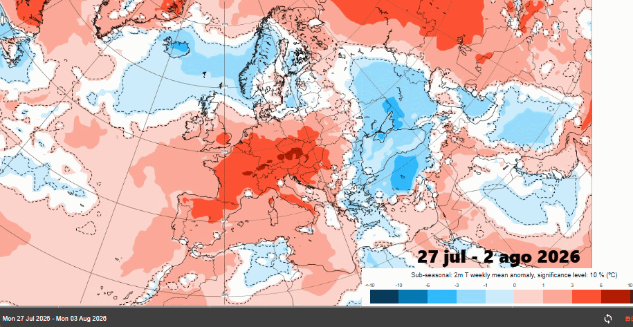 Anomalías semanales de temperatura a 2 m para las tres semana siguiente: cálidas en escala de rojos y frías en escala de azules. ECMWF