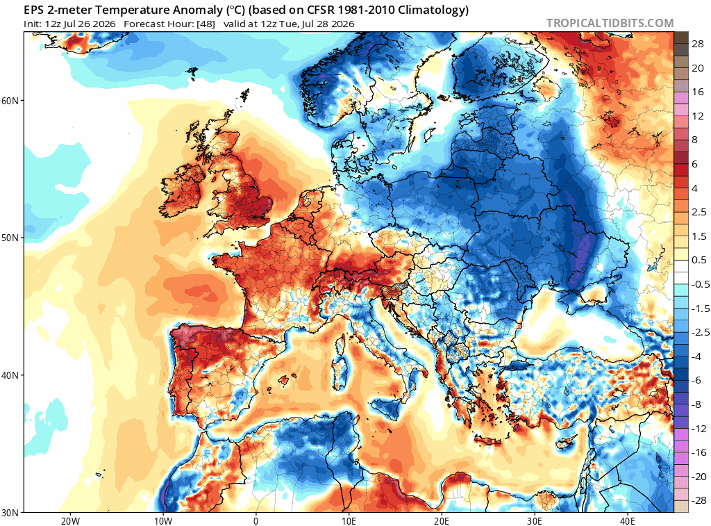 Anomalías "medias" de la temperatura a 2 m para los próximos días, 28 de julio- 8 de agosto de 2026, según modelo europeo EPS. Tropicaltidbits