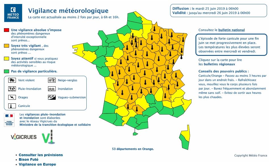 Avisos meteorológicos emitidos por Météo-France a primeras horas del 25 de junio de 2019