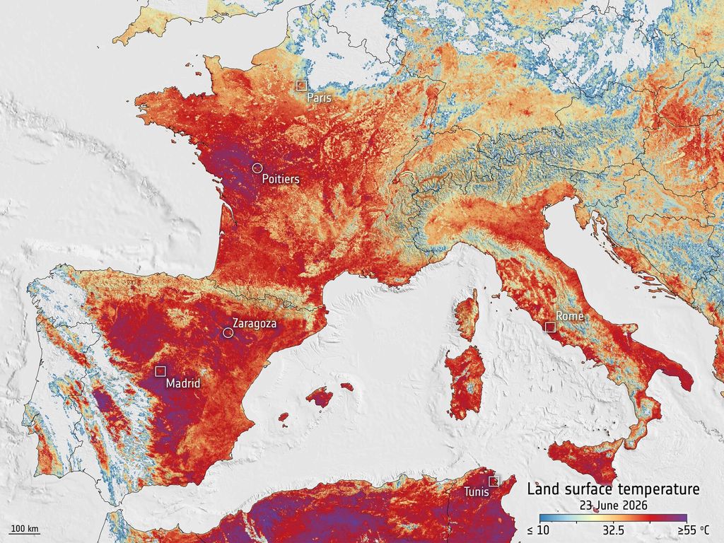 Esta imagen de la temperatura de la "superficie terrestre" (NO es la temperatura del aire a 2m), según escala de colores, fue capturada por la misión Copernicus Sentinel-3 el miércoles 23 de junio de 2026. Los datos se obtuvieron a última hora de la mañana, hora local. Copernicus