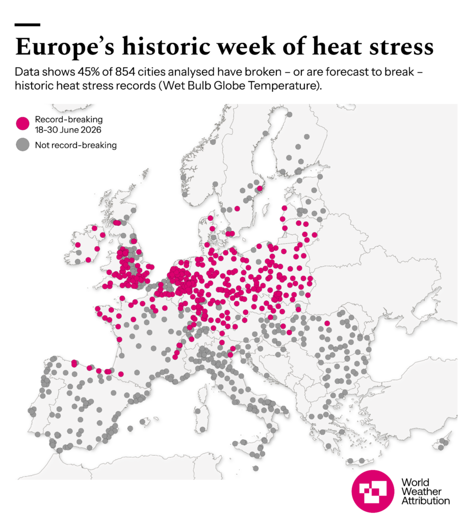 Las ciudades (regiones urbanas de la UE + Suiza + Reino Unido + Noruega con una población superior a 50 000 habitantes) donde se batieron (o se preveía que se batirían) récords de WBGT durante esta ola de calor. Se batió un récord en aproximadamente el 45 % de las regiones urbanas. WWA