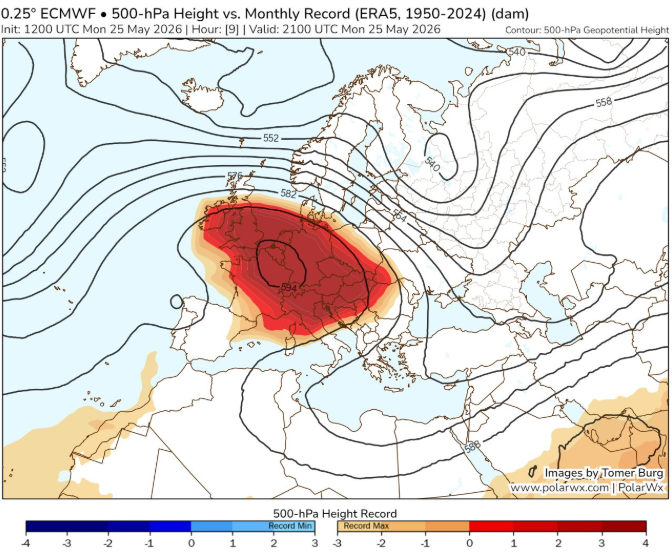 Mapa de 500 hPa, a 5.500 m aprox., mostrando las señales de la presencia de una poderosa cúpula de calor para el 25 de mayo de 2026, en escala de colores rojos. Imagen de Tomer Burg
