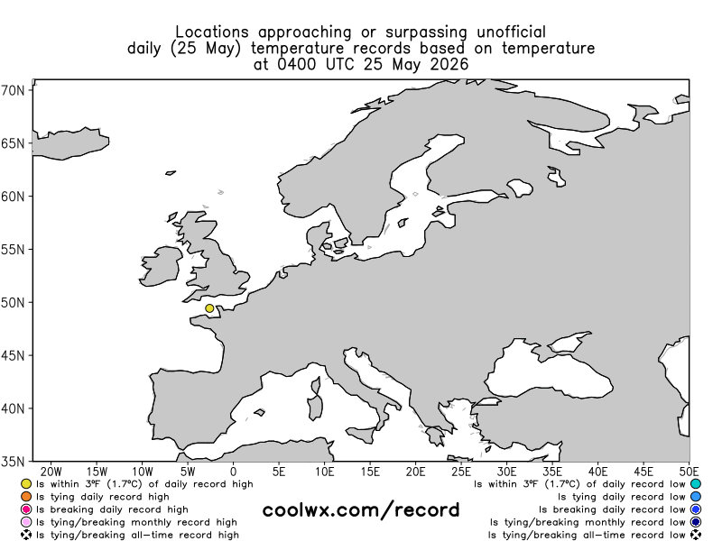 Europa está pulverizando los récords de calor de mayo a fecha de 25 del mes de2026. Cientos de estaciones están en o cerca de récords diarios, con récords mensuales de mayo de todos los tiempos cayendo de manera generalizada en Europa occidental y central Europa está pulverizando los récords de calor de mayo a fecha de 25 del mes de 2026. Cientos de estaciones están en o cerca de récords diarios, con récords mensuales de mayo de todos los tiempos cayendo de manera generalizada en Europa occidental y central. Fuente: Coolwx.com