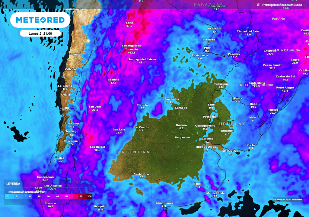 Sequia, Ola de Calor, Temperatura, Lluvia, Tormenta, Argentina, Soja, Maiz, Girasol, Buenos Aires, Litoral Acumulados de lluvia previstos hasta el próximo lunes según nuestro modelo de referencia ECMWF