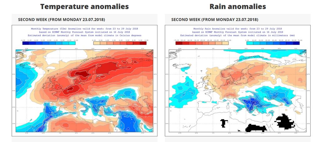 Foto 1: Mapas de Anomalías de temperatura y precipitación para la semana del 23.07.2018 Foto 1: Mapas de Anomalías de temperatura y precipitación para la semana del 23.07.2018