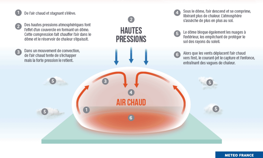 La infografía sobre una cúpula o domo de calor es una ilustración general del fenómeno, no un mapa del día que represente el fenómeno actual: arriba patrones atmosféricos asociados de altas y bajas y abajo, los procesos asociados al domo de calor. Cúpula de calor © Météo-France