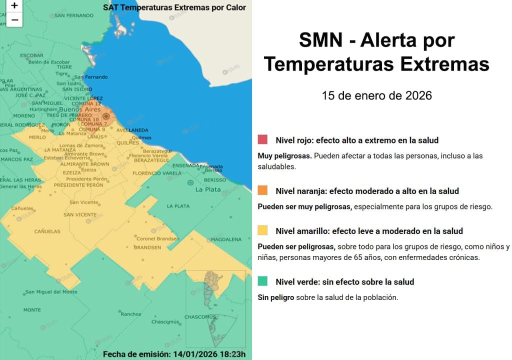 Gran parte del AMBA se encuentra con Alerta Amarilla por Temperaturas Extremas. En CABA, el nivel de alerta es NARANJA