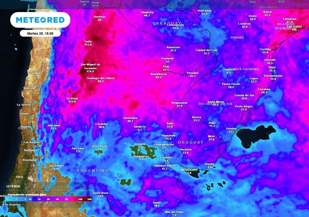 Precipitación acumulada hasta la tarde del martes 20 de enero: el norte del país con las mayores precipitaciones, y las provincias del NOA las más complicadas con más de 100 y hasta 200 mm