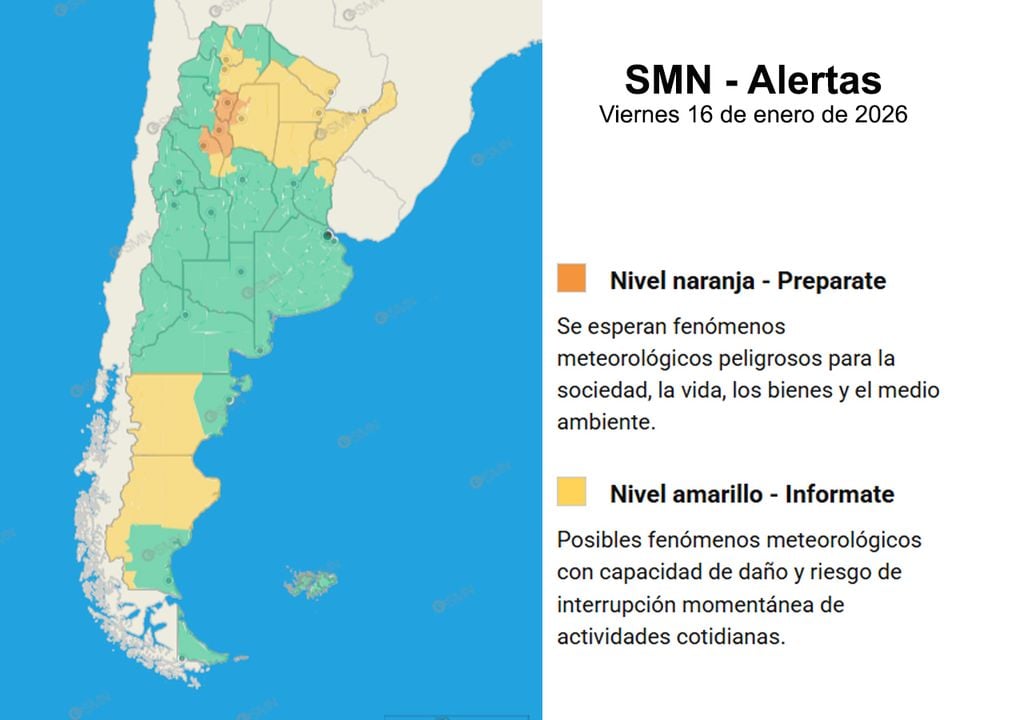 Alertas del SMN para mañana viernes 16: en el norte, de nivel naranja y amarillo por tormentas; en el sur, por vientos de hasta 90 km/h