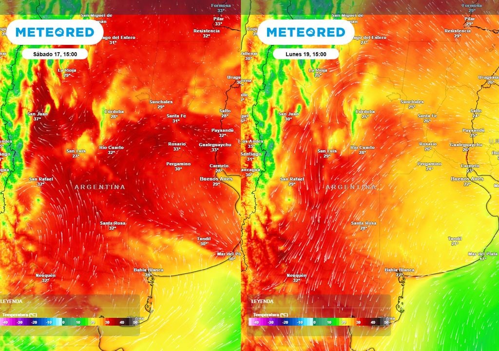 Disminución de temperatura entre el sábado 17 y el lunes 19, provocada por la entrada de un segundo frente frío el fin de semana