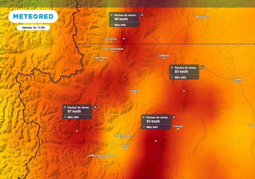 Ráfagas de viento previstas para la tarde del viernes 16, en la zona más comprometida por los incendios forestales en la Patagonia