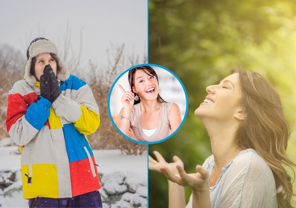 tres personas, una en un paisaje con nieve, otra en una toma con sol y otra demostrando que tiene una idea o sabe algo