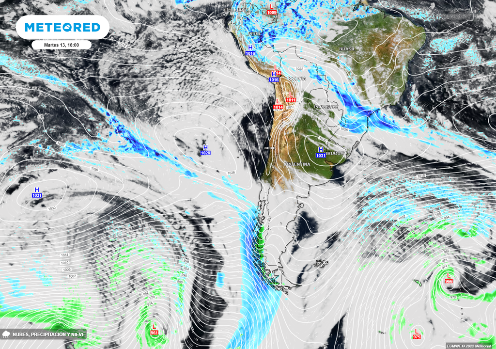 Carta de presión y precipitación prevista por el modelo del ECMWF