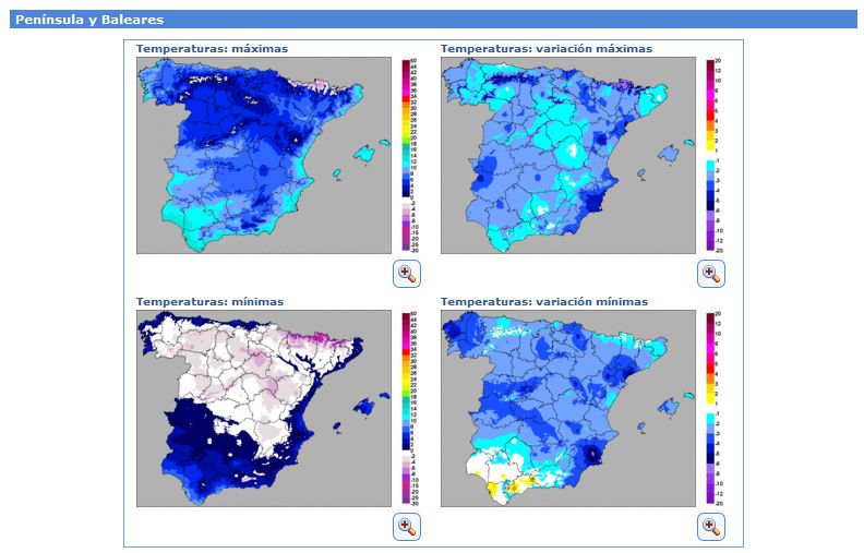Foto 2.- Temperaturas extremas (máxima y mínimas) y variaciones en 24h para el 29 de diciembre de 2014. Fuente: AEMET Temperaturas extremas (máxima y mínimas) y variaciones en 24h para el 29 de diciembre de 2014. Fuente: AEMET