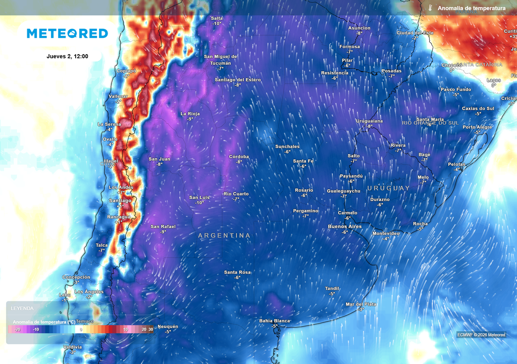 Pronóstico, Clima, Tiempo, Argentina, Ola polar, Frío extremo, Heladas, Temperaturas, Anomalía, Aire polar, Lluvias, Servicio Meteorológico Nacional, Agro, Julio, ECMWF Anomalía de temperatura prevista para el próximo jueves según el modelo ECMWF