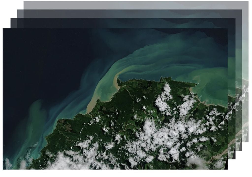 Nueva Zelanda Imagen satelital del cabo este de Nueva Zelanda tras el paso del ciclón tropical Gabrielle el 14 de febrero de 2023, en la que se aprecia la extensión de las columnas de sedimentos que se vierten en las aguas costeras y la consiguiente potencial ola oscura marina.