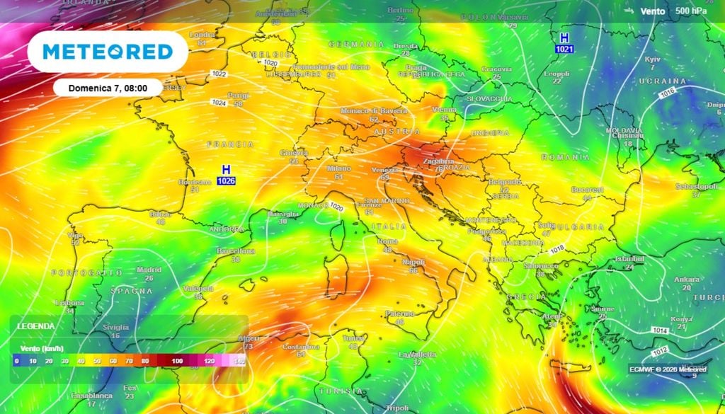 La mappa evidenzia la circolazione dei venti in quota prevista per domenica 7 giugno, quando l'alta pressione tenderà ad espandersi da ovest, interessando anche la nostra penisola, portando un tempo diffusamente più stabile.