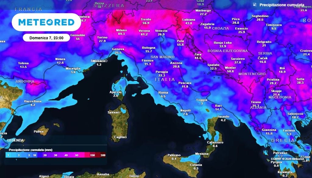 Nella mappa è possibile vedere gli accumuli totali previsti da ECMWF entro domenica 7 giugno sull'Italia, anche se la maggior parte degli accumuli verrà sostanzialmente raggiunta nei primi giorni della settimana.