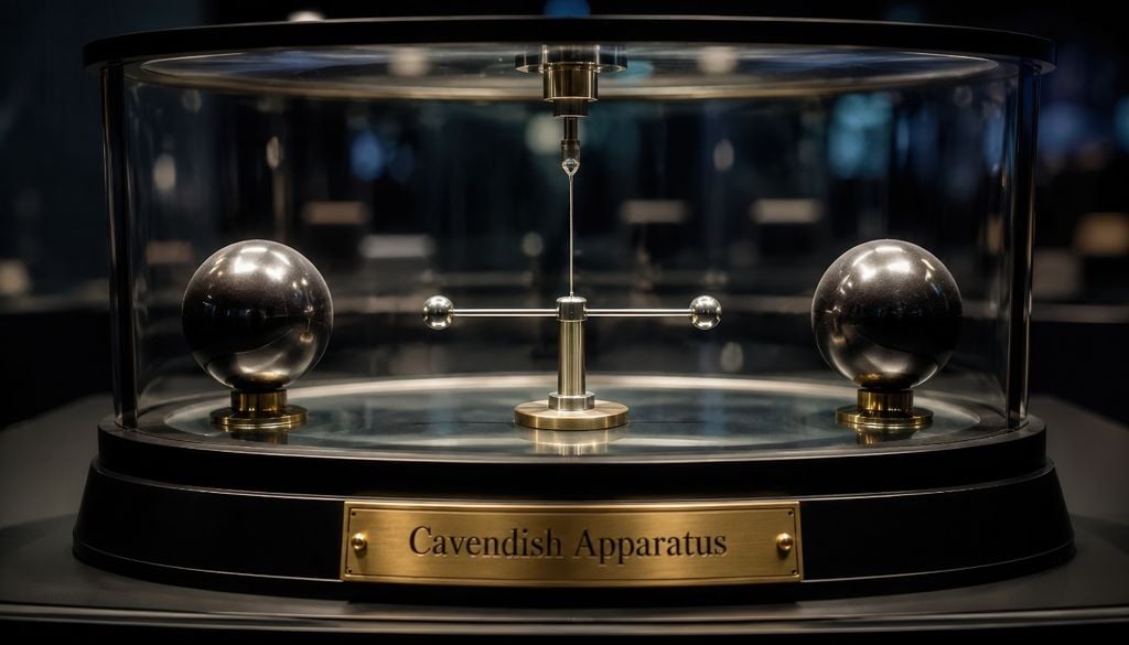 L'apparato di Cavendish: nel 1798, Henry Cavendish utilizzò questa bilancia a torsione per misurare la debolissima forza di attrazione tra due sfere di piombo. Il meccanismo consisteva nell'osservare la rotazione di un braccio orizzontale, sospeso a un filo sottile, causata dall'attrazione gravitazionale tra le masse, permettendo così di determinare la costante di gravitazione universale e confermare la legge di Newton in laboratorio.