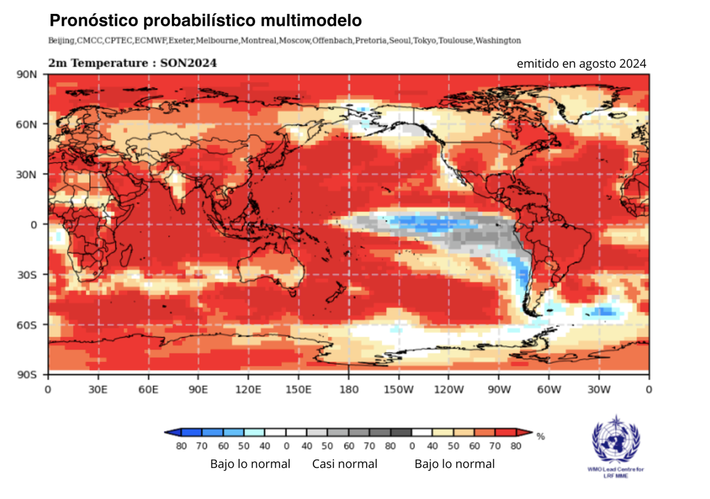 Predicciones probabilísticas de la temperatura del aire en superficie para el período de septiembre a noviembre de 2024. Fuente: OMM.