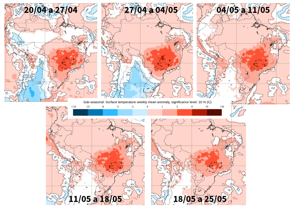 Previsão de anomalia semanal de temperatura de acordo com o ECMWF. Créditos: Elaborado por Meteored/Adaptado de ECMWF
