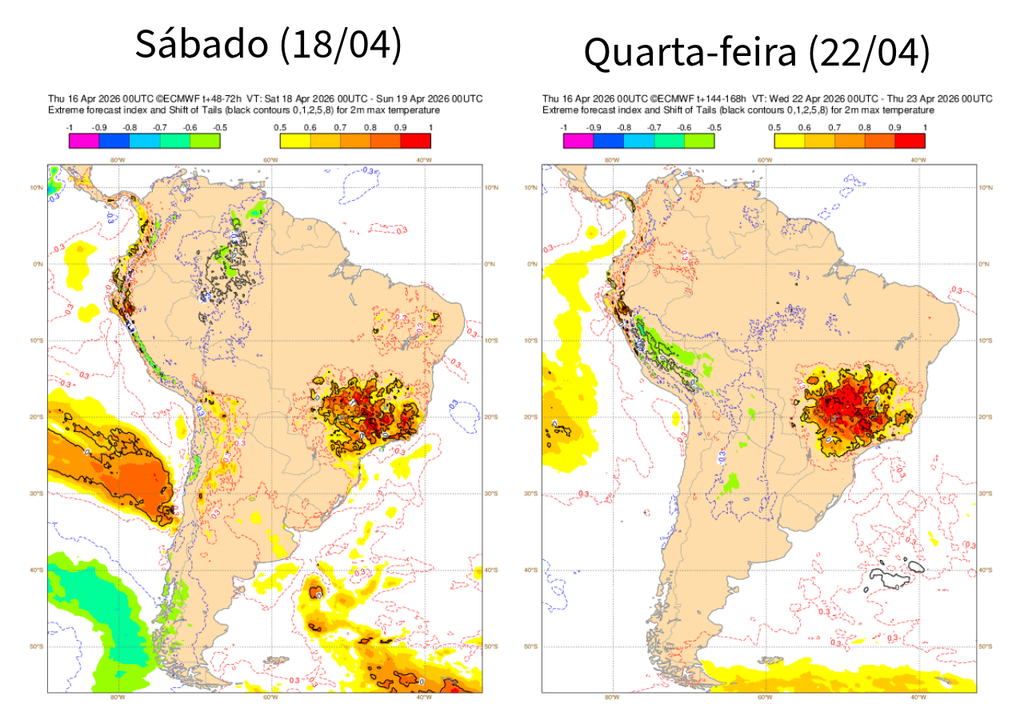 EFI do ECMWF para temperatura máxima entre domingo (19) e terça-feira (21). Créditos: Elaborado por Meteored/Mapas do ECMWF.