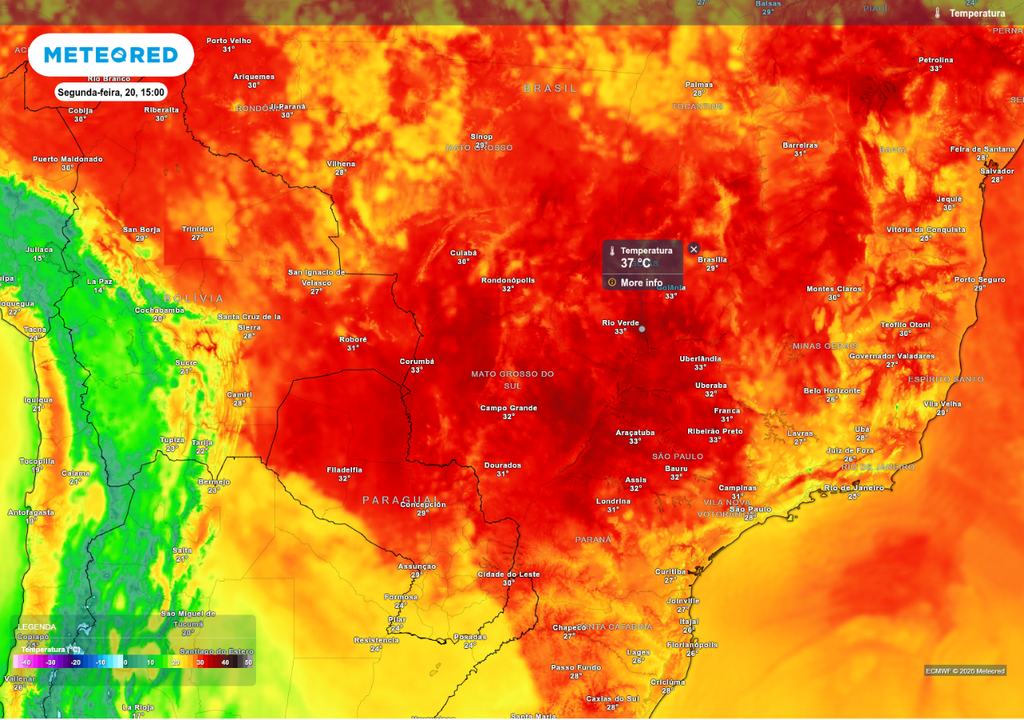 Previsão de temperatura máxima para segunda-feira (20), de acordo com o ECMWF.