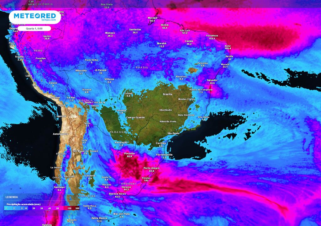 Previsão de acumulados totais de chuva até o final da terça-feira (30).