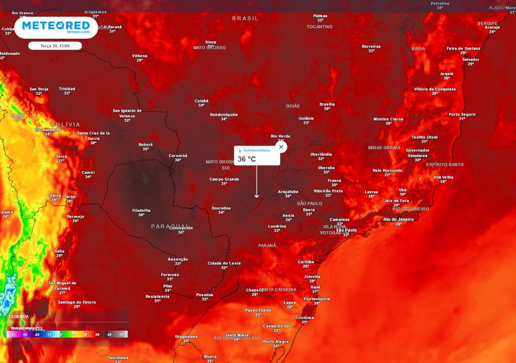 Previsão de temperaturas máximas na terça-feira (30).