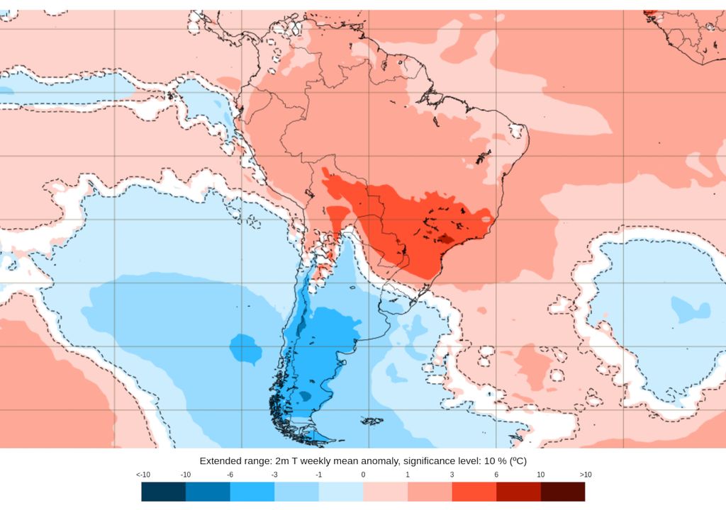 Previsão de anomalia de temperaturas médias entre 29/04 e 06/05.