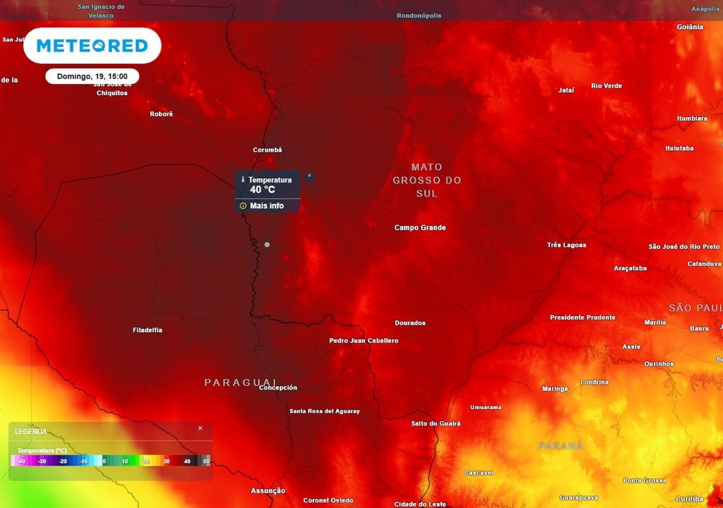 Previsão de temperaturas máximas no Domingo durante a tarde. Previsão de temperaturas máximas no Domingo durante a tarde mostra que os termômetros no Mato Grosso do Sul e Paraguai podem registrar temperaturas altíssimas de até 40°C.