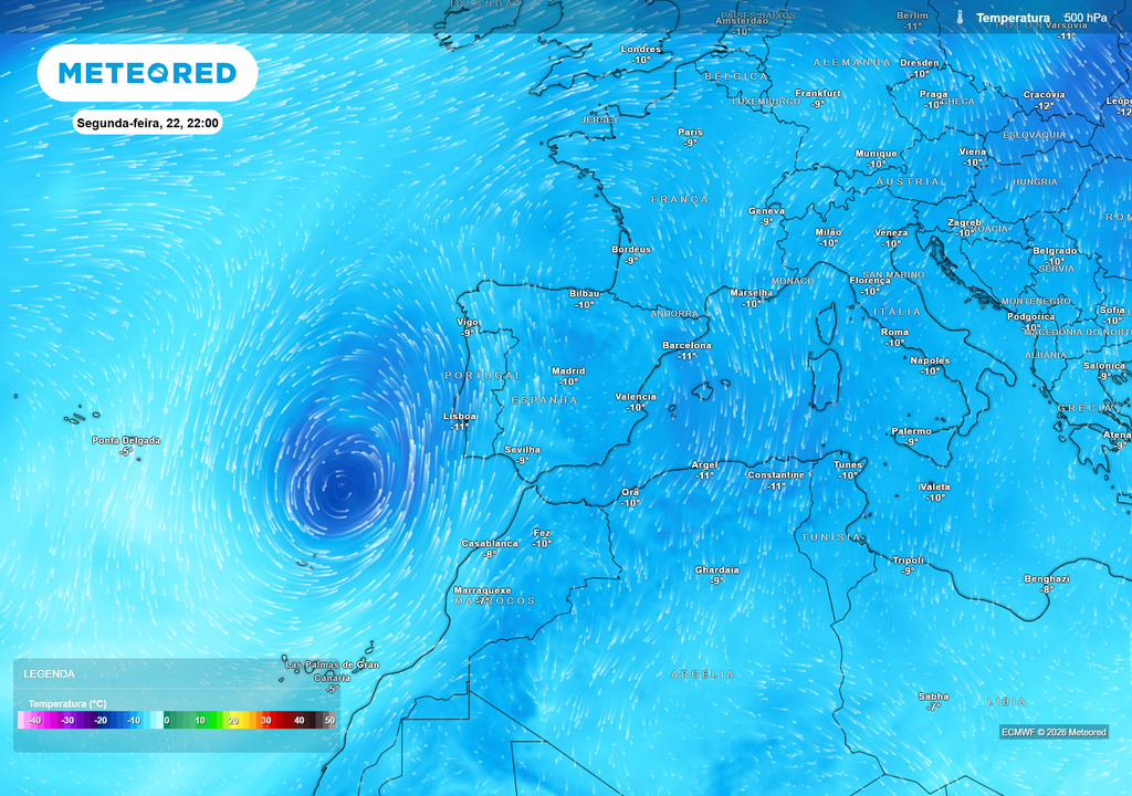 Neste mapa conseguimos perceber a posição da gota fria que se vai desprender da corrente de jato durante o fim de semana e deverá influenciar as temperaturas em Portugal Continental no arranque da próxima semana.