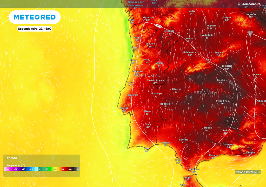 Na tarde de segunda-feira, as temperaturas aproximam-se ou ultrapassam os 35 ºC em grande parte do interior Norte e Centro, Vale do Tejo e Alentejo, com os valores mais elevados a registarem-se no interior da Península Ibérica. O litoral ocidental mantém-se significativamente mais fresco devido à influência do Atlântico.