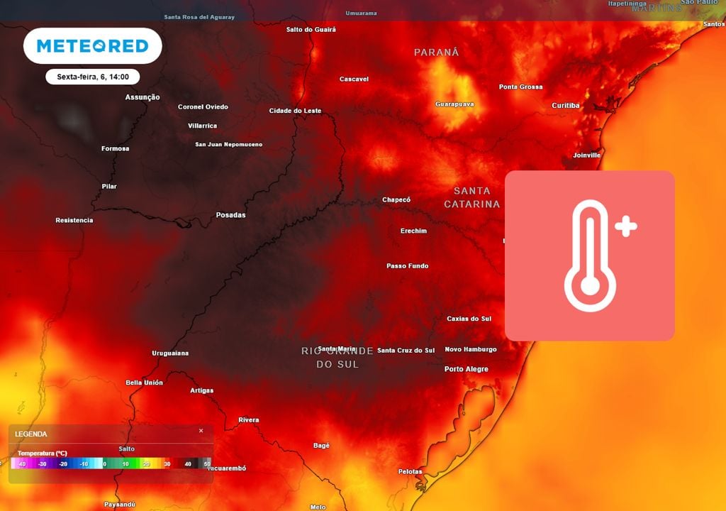 Previsão de temperaturas máximas na sexta-feira destaca as regiões que serão afetadas com maior severidade (cores acinzentadas) pela onda de calor, com destaque para o RS.