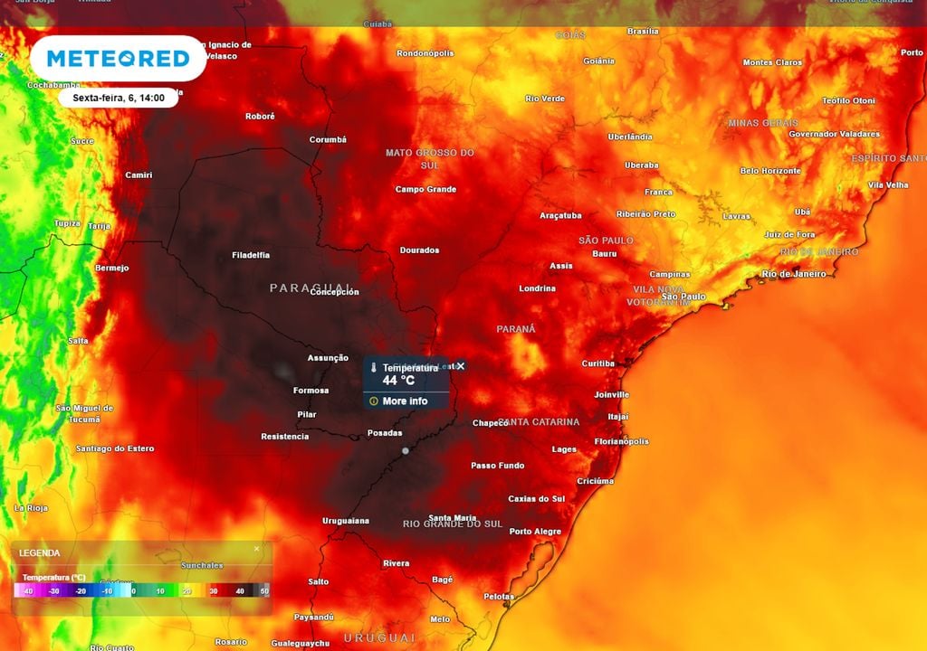 Previsão de temperaturas máximas na sexta-feira destaca as regiões que serão afetadas com maior severidade, incluindo o RS, que registrará máximas de até 44 graus no oeste.