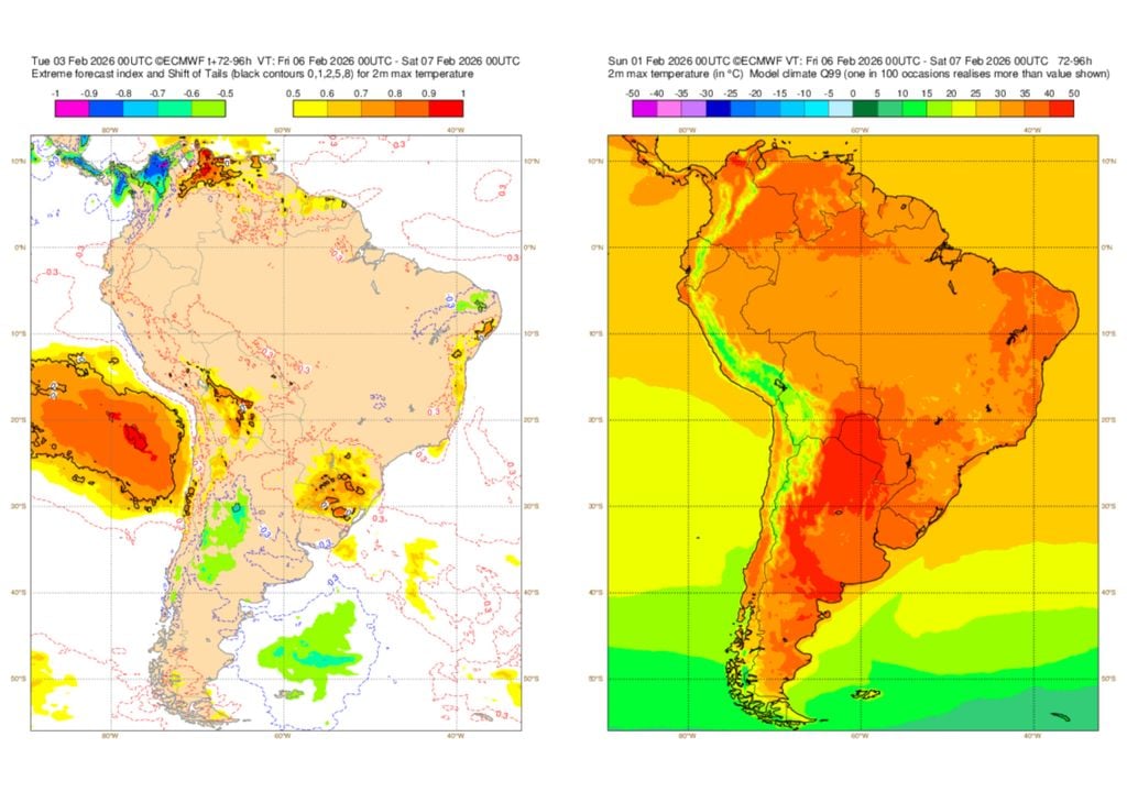 Previsão de Extreme Forecast Index (EFI) para sexta-feira mostra que o pico do calor deve ocorrer neste dia, com alta probabilidade de temperaturas máximas incomuns, especialmente no RS.