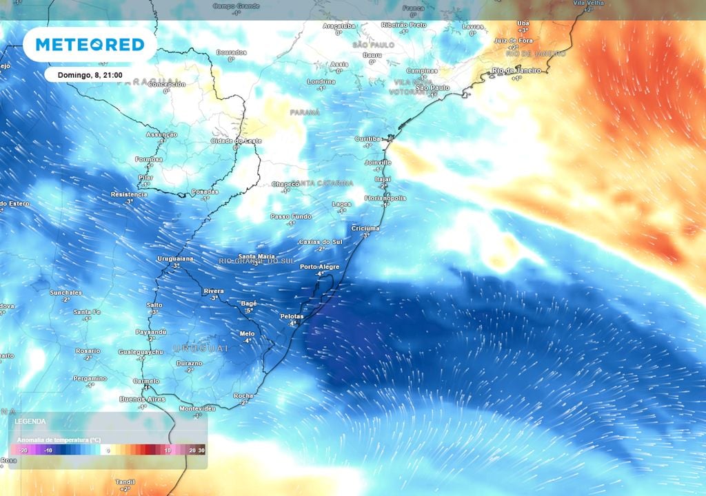 Previsão de ventos e anomalias de temperatura em 850 hPa mostra uma massa de ar frio avançando pela região Sul e fazendo as temperaturas caírem, finalizando a onda de calor da semana.